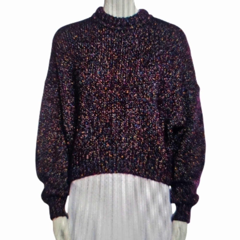 Isabel Marant Multicolor Knit Lurex Cropped Crew Mock Neck Sweater